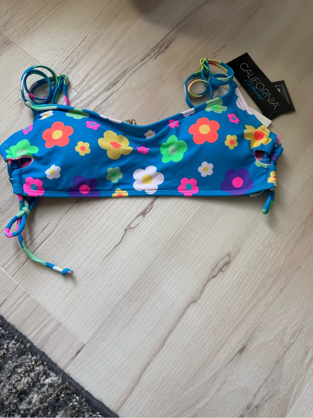 California Waves Bright Blue Floral Bikini Top with Multicolor Flowers